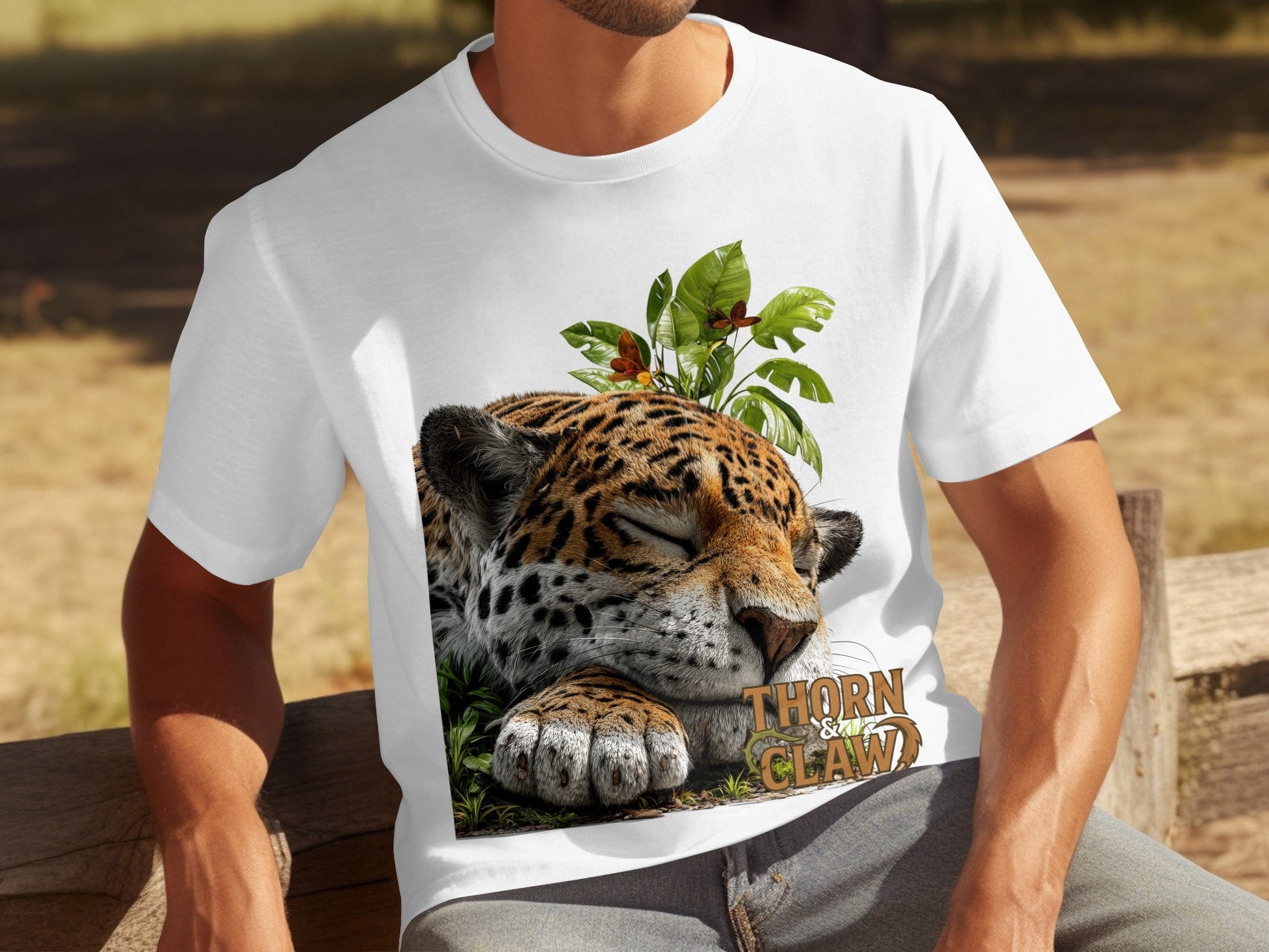 RMA APPAREL Sleeping Jaguar With Leaves Mens Womens T-Shirt - Thorn & Claw White T-Shirts - RMA APPAREL - Roclla Media Apparel Store
