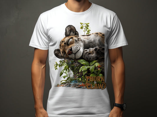 RMA APPAREL Sleeping Leopard Graphic Mens Womens T-Shirt - Thorn & Claw White T-Shirts - RMA APPAREL - Roclla Media Apparel Store