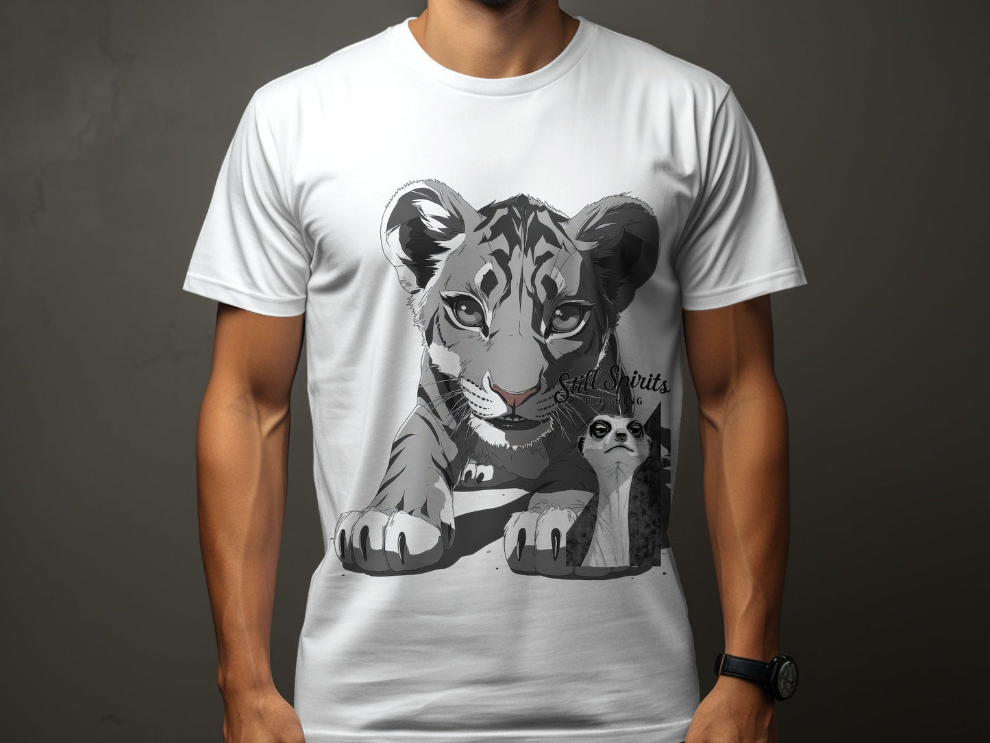 RMA APPAREL Tiger with Meerkat Wildlife Art T-Shirt - Still Spirits White T-Shirt - RMA APPAREL - Roclla Media Apparel Store