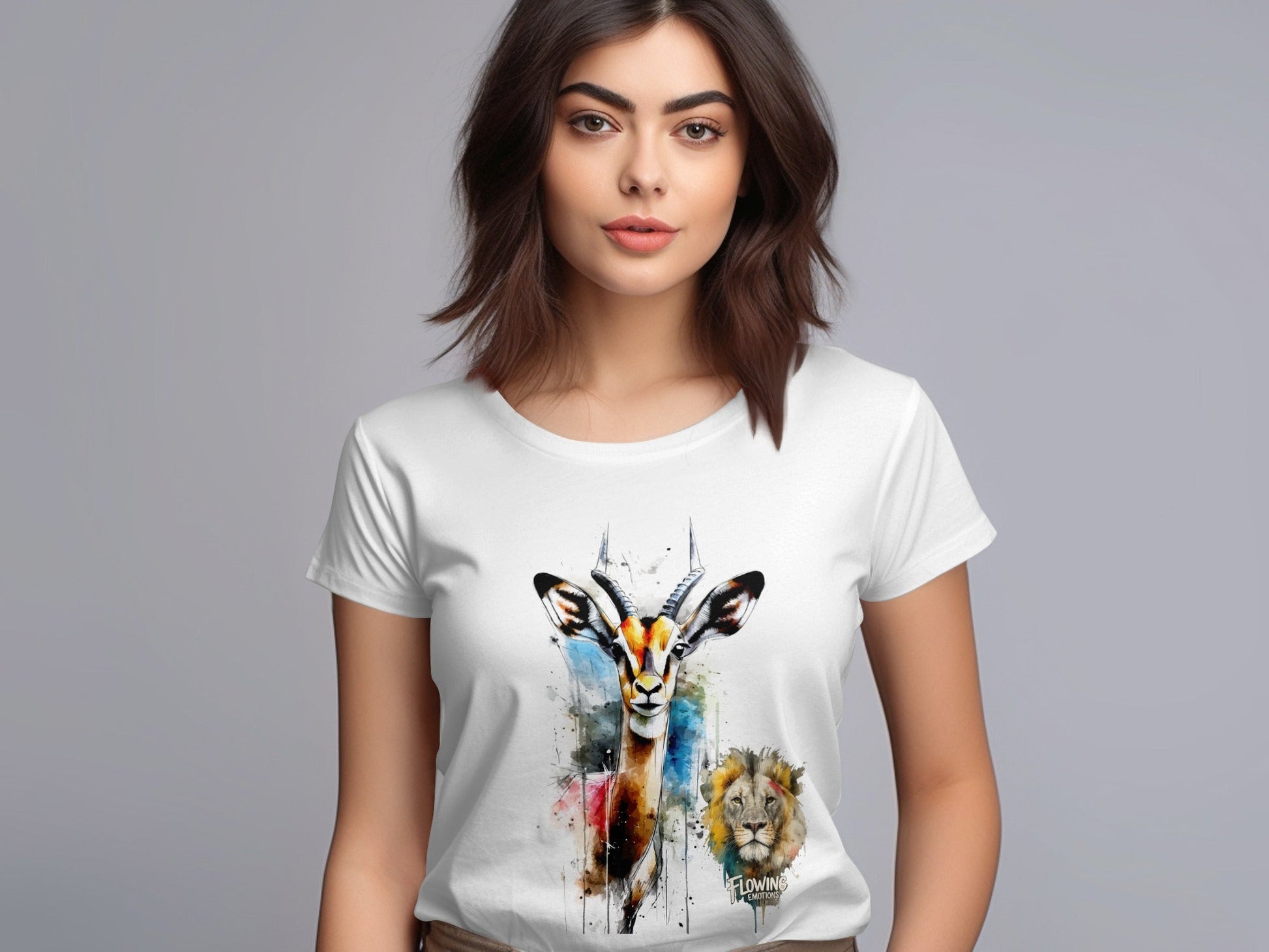RMA APPAREL Watercolor Gazelle Lion Graphic Unisex T-Shirt - Flowing Emotions White T-Shirts - RMA APPAREL - Roclla Media Apparel Store