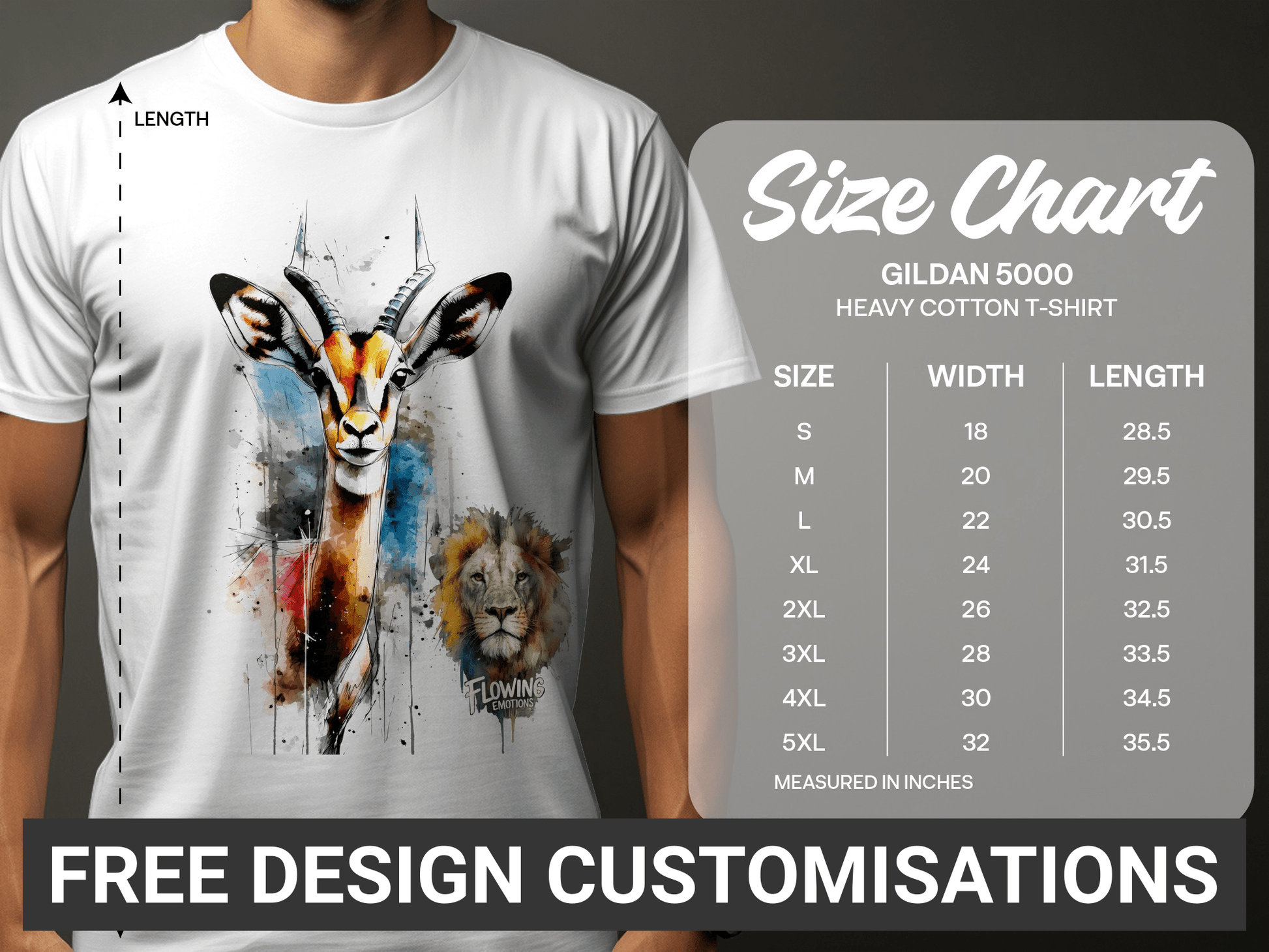 RMA APPAREL Watercolor Gazelle Lion Graphic Unisex T-Shirt - Flowing Emotions White T-Shirts - RMA APPAREL - Roclla Media Apparel Store