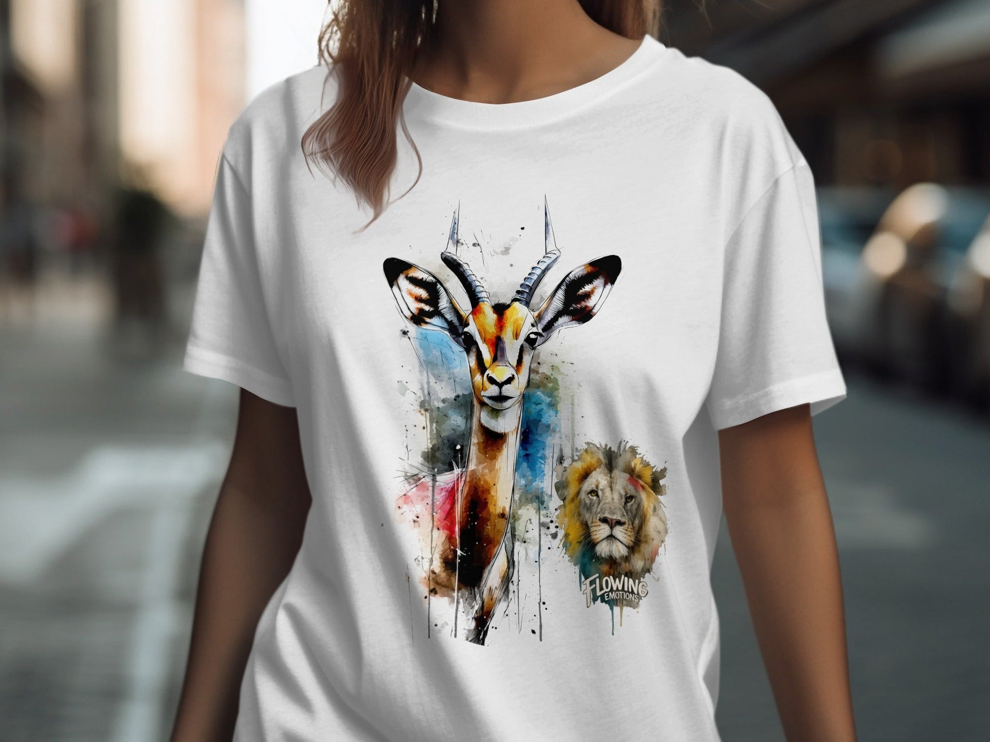RMA APPAREL Watercolor Gazelle Lion Graphic Unisex T-Shirt - Flowing Emotions White T-Shirts - RMA APPAREL - Roclla Media Apparel Store