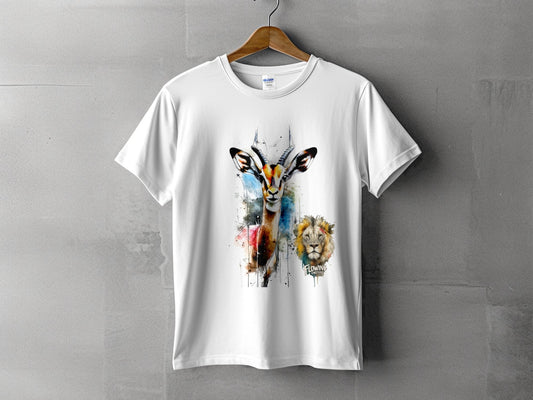 RMA APPAREL Watercolor Gazelle Lion Graphic Unisex T-Shirt - Flowing Emotions White T-Shirts - RMA APPAREL - Roclla Media Apparel Store