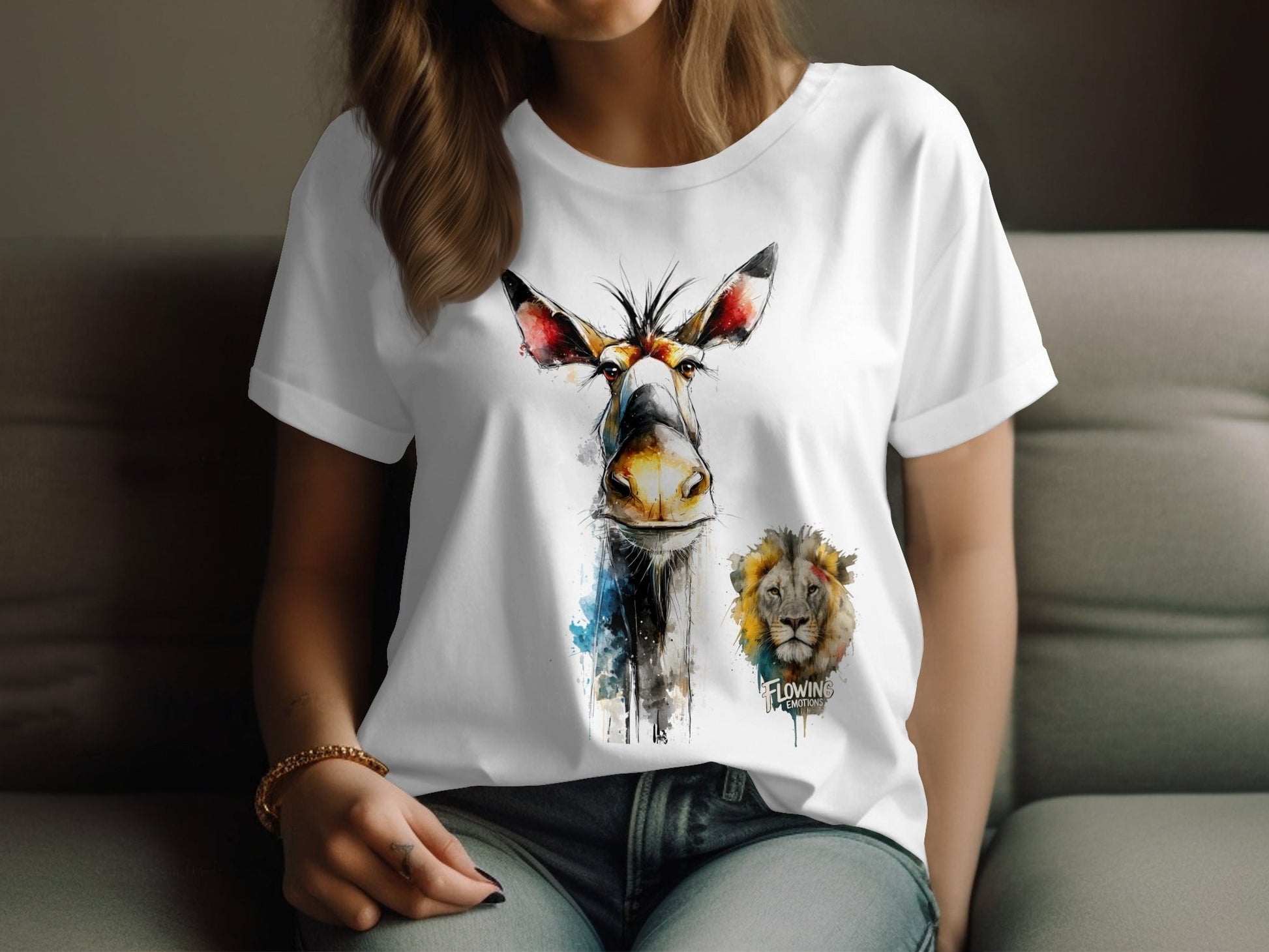 RMA APPAREL Watercolor Giraffe Lion Unisex T-Shirt Sizes S - 5XL - Flowing Emotions White T-Shirts - RMA APPAREL - Roclla Media Apparel Store