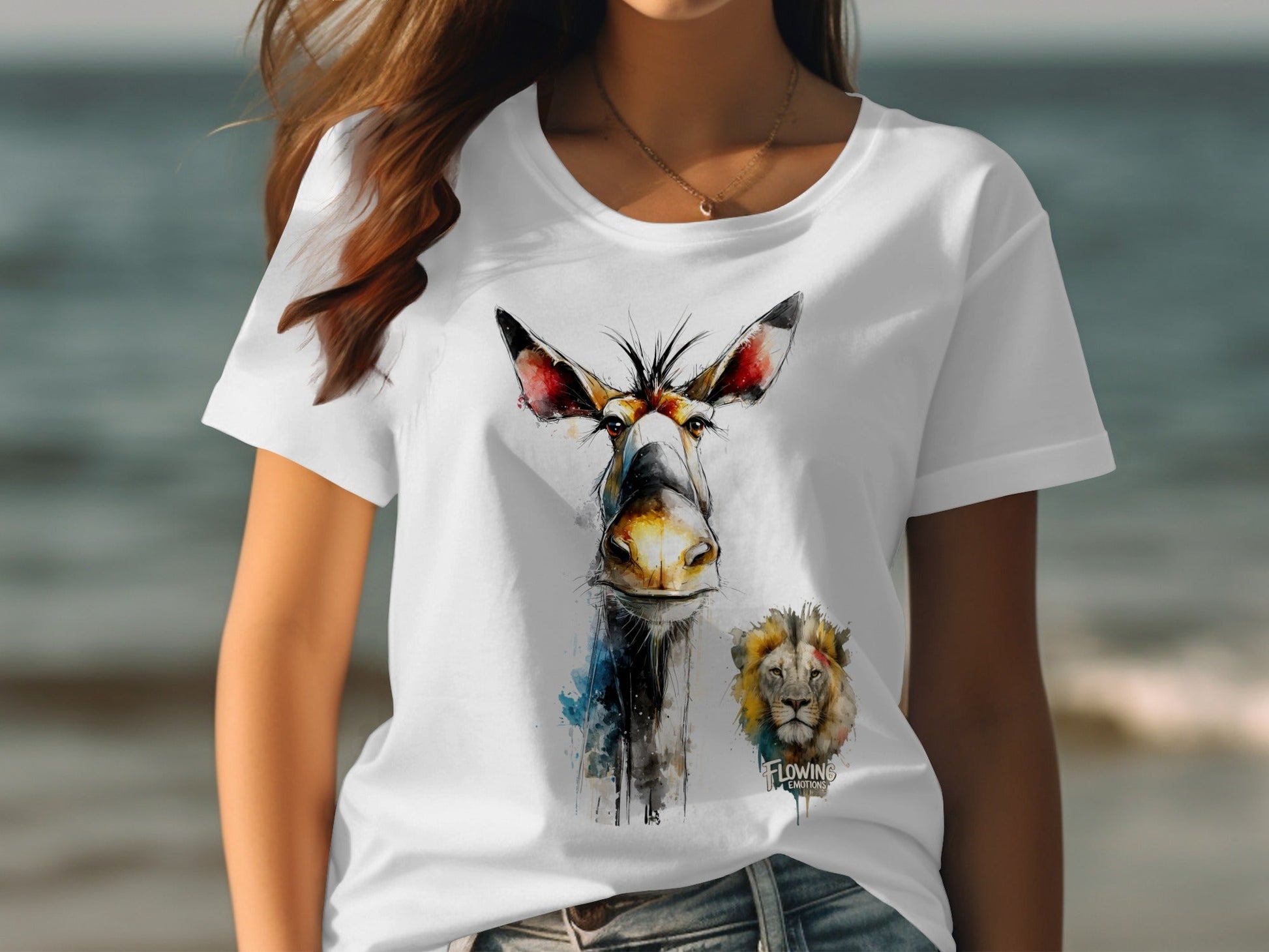RMA APPAREL Watercolor Giraffe Lion Unisex T-Shirt Sizes S - 5XL - Flowing Emotions White T-Shirts - RMA APPAREL - Roclla Media Apparel Store