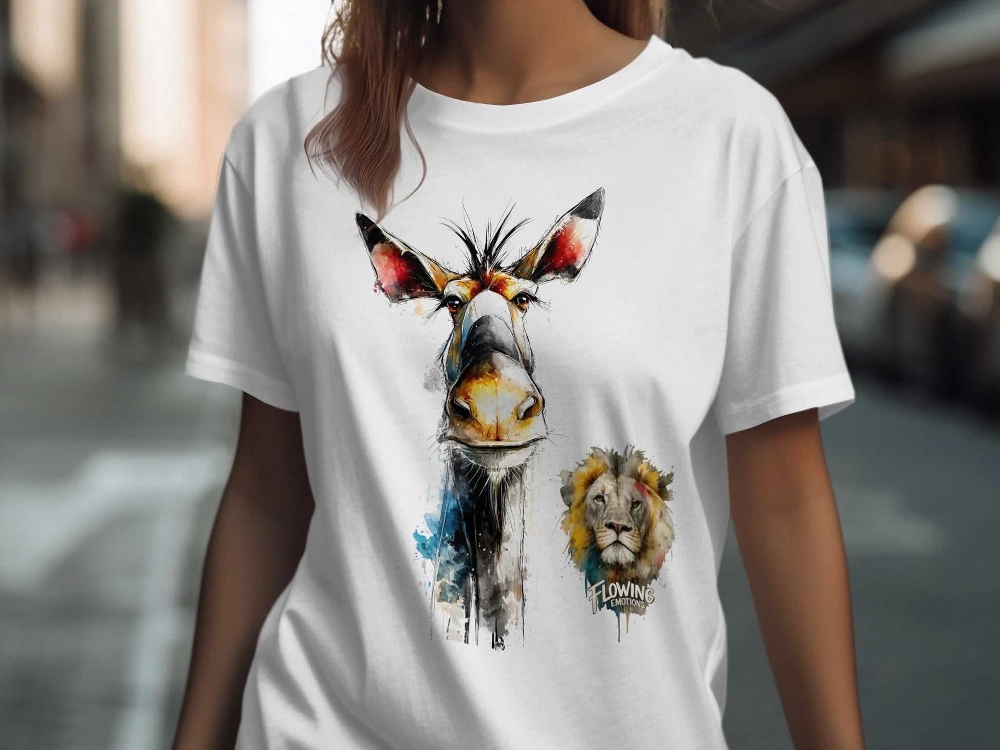 RMA APPAREL Watercolor Giraffe Lion Unisex T-Shirt Sizes S - 5XL - Flowing Emotions White T-Shirts - RMA APPAREL - Roclla Media Apparel Store
