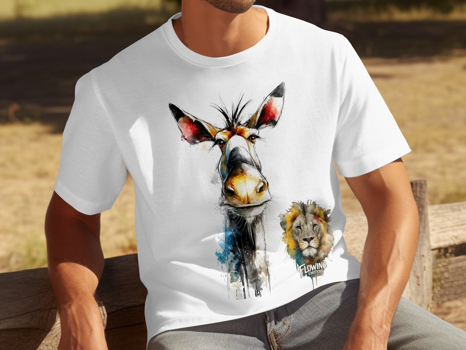RMA APPAREL Watercolor Giraffe Lion Unisex T-Shirt Sizes S - 5XL - Flowing Emotions White T-Shirts - RMA APPAREL - Roclla Media Apparel Store