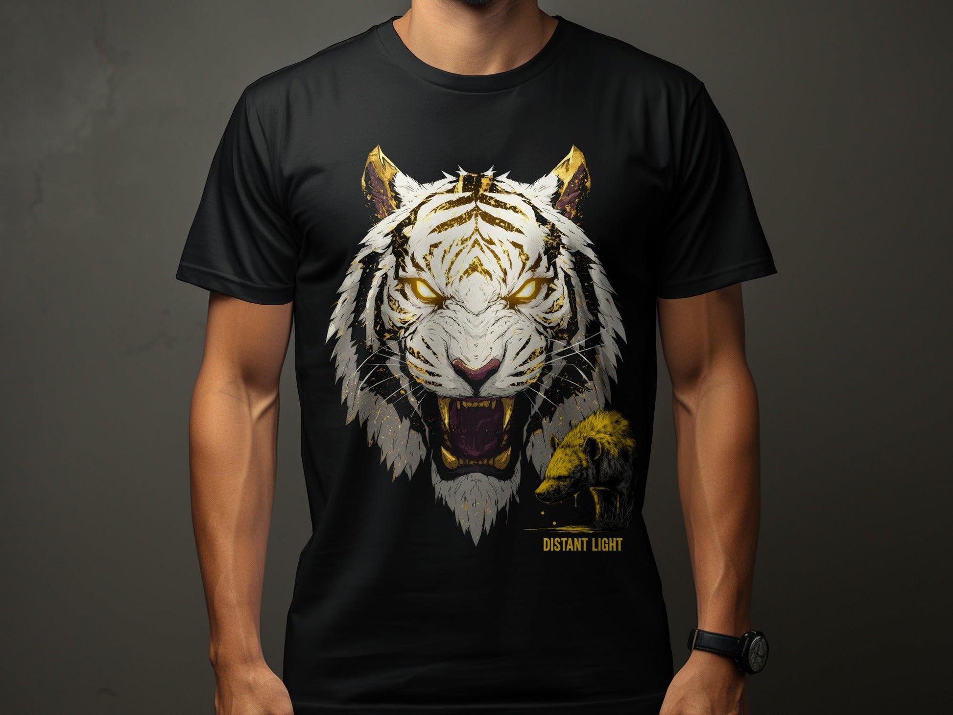 RMA APPAREL White Tiger Golden Illustration Art Unisex T-Shirt Product Type - Distant Light White T-Shirts - RMA APPAREL - Roclla Media Apparel Store