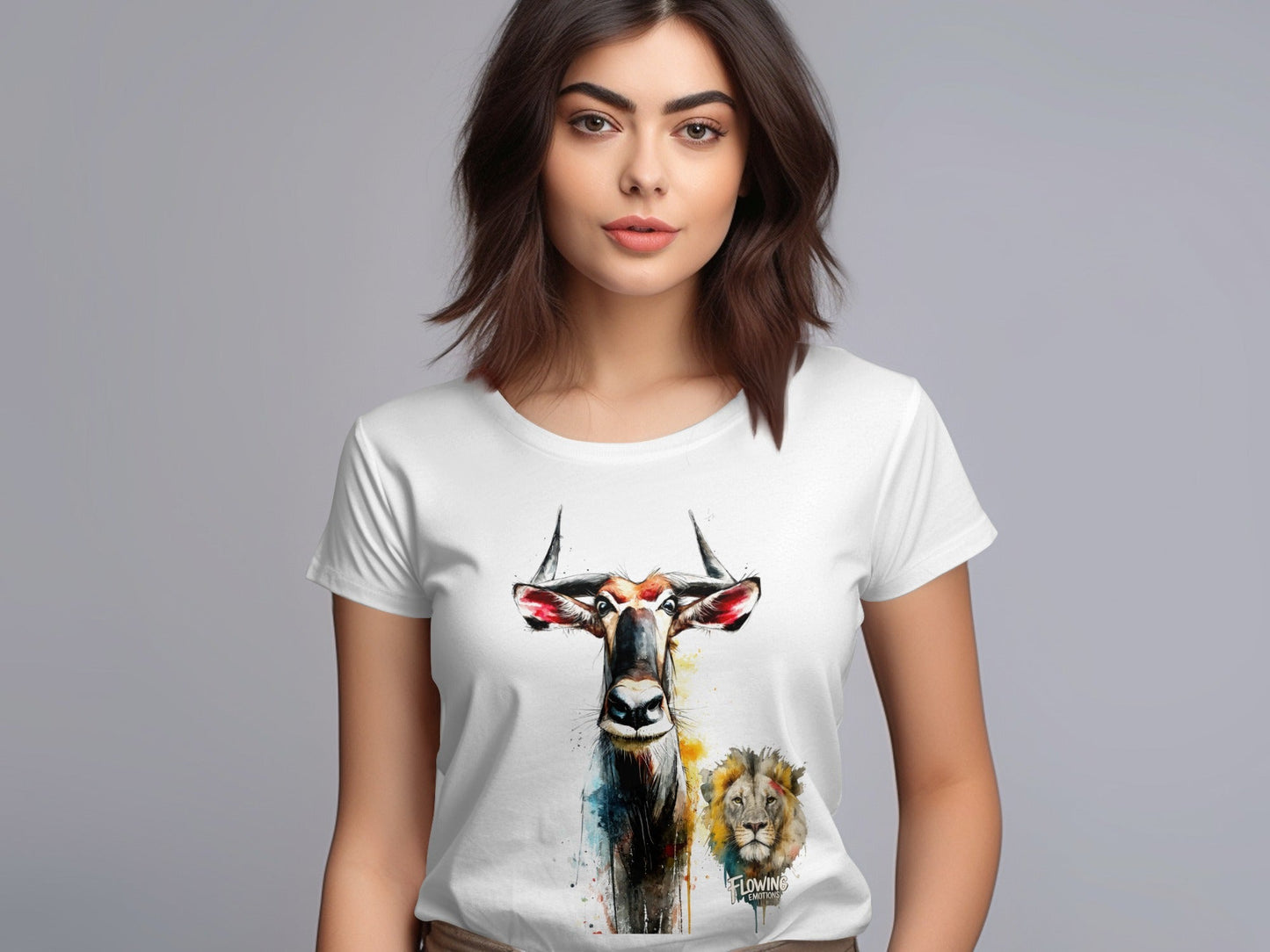 RMA APPAREL Wildebeest And Lion Wildlife Unisex T-Shirt - Flowing Emotions White T-Shirts - RMA APPAREL - Roclla Media Apparel Store