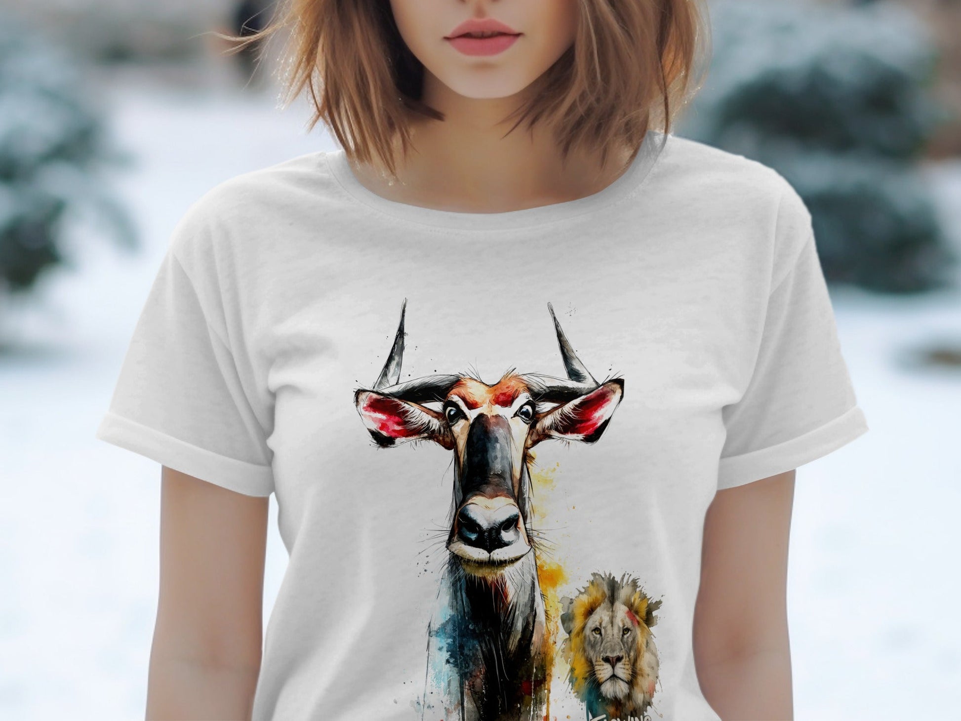 RMA APPAREL Wildebeest And Lion Wildlife Unisex T-Shirt - Flowing Emotions White T-Shirts - RMA APPAREL - Roclla Media Apparel Store