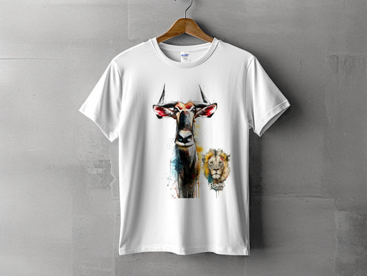 RMA APPAREL Wildebeest And Lion Wildlife Unisex T-Shirt - Flowing Emotions White T-Shirts - RMA APPAREL - Roclla Media Apparel Store