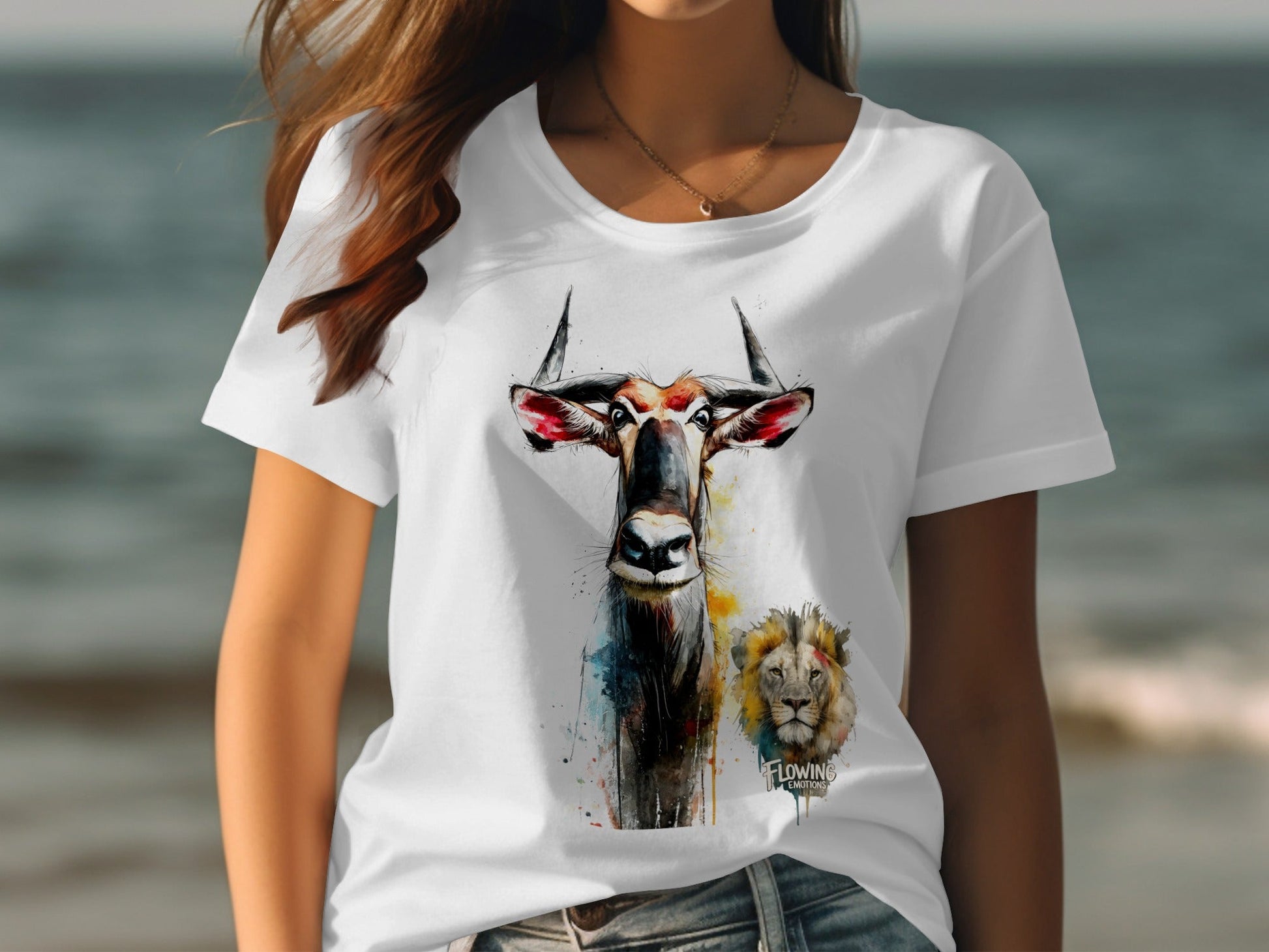 RMA APPAREL Wildebeest And Lion Wildlife Unisex T-Shirt - Flowing Emotions White T-Shirts - RMA APPAREL - Roclla Media Apparel Store