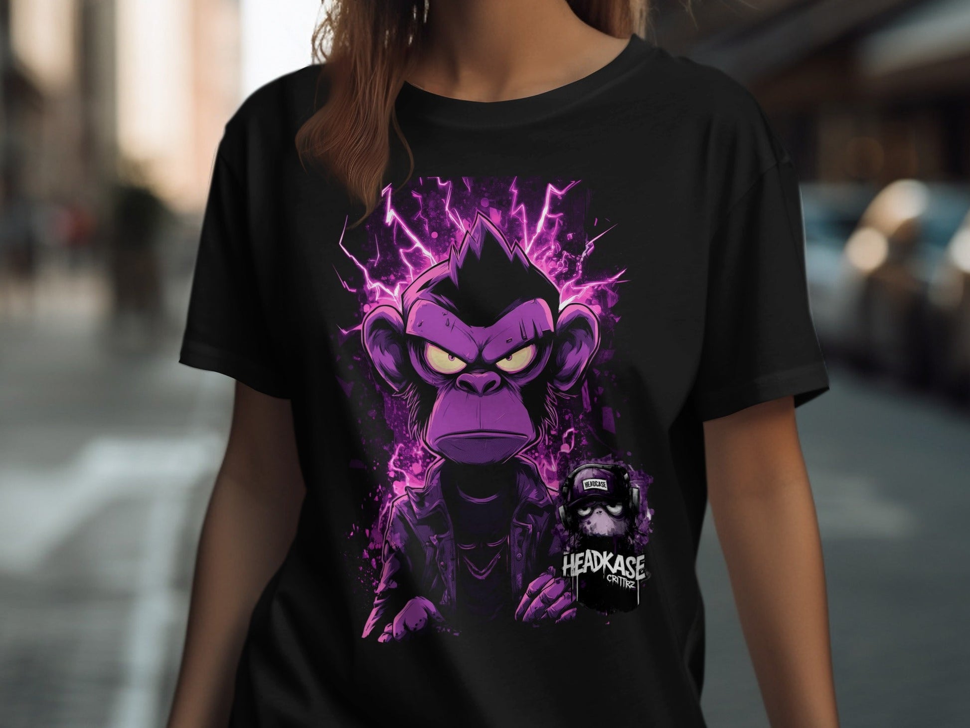 Street Art Electric Monkey Unisex Sizes S to 5XL T-Shirt - Headcase Crittrz Black T-Shirt - RMA APPAREL - Roclla Media Apparel Store