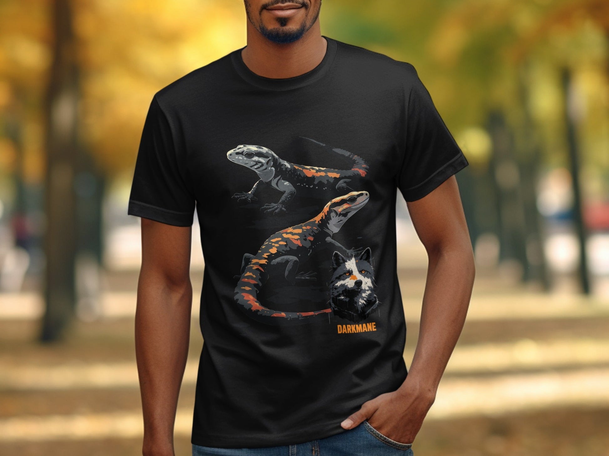 Street Art Lizard Wildlife Unisex T-Shirt Sizes S to 5XL - Darkmane Black T-Shirt - RMA APPAREL - Roclla Media Apparel Store