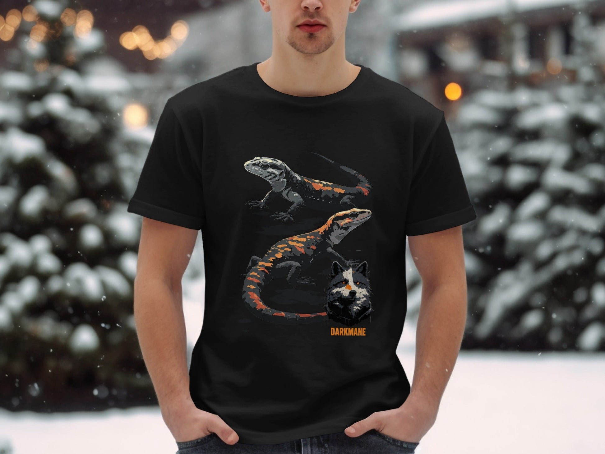 Street Art Lizard Wildlife Unisex T-Shirt Sizes S to 5XL - Darkmane Black T-Shirt - RMA APPAREL - Roclla Media Apparel Store