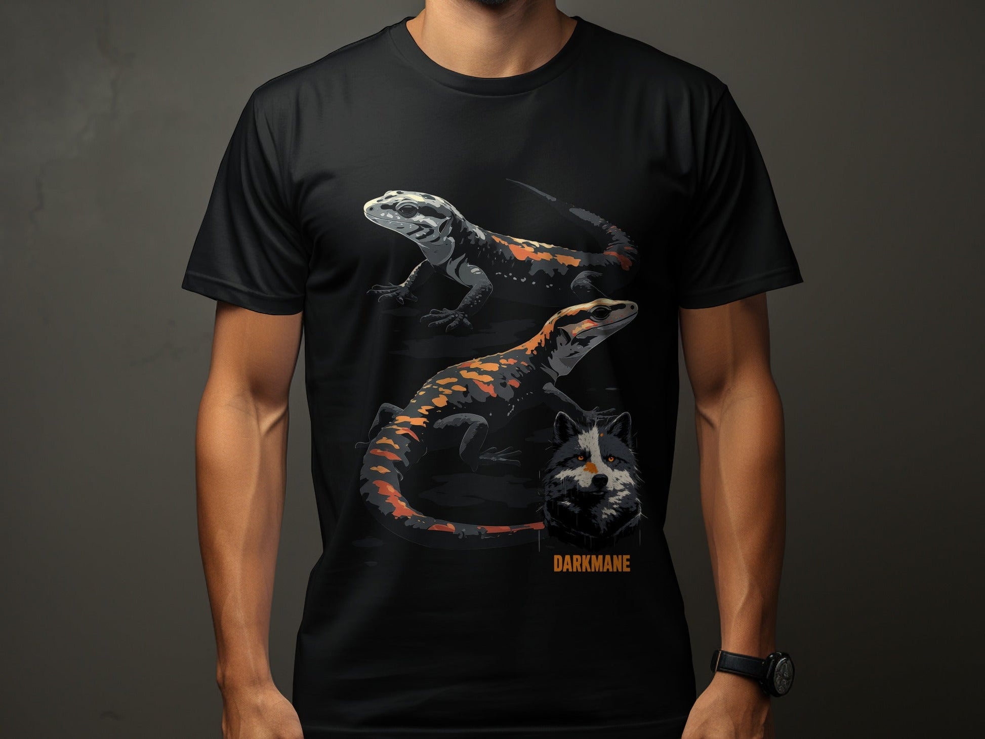 Street Art Lizard Wildlife Unisex T-Shirt Sizes S to 5XL - Darkmane Black T-Shirt - RMA APPAREL - Roclla Media Apparel Store