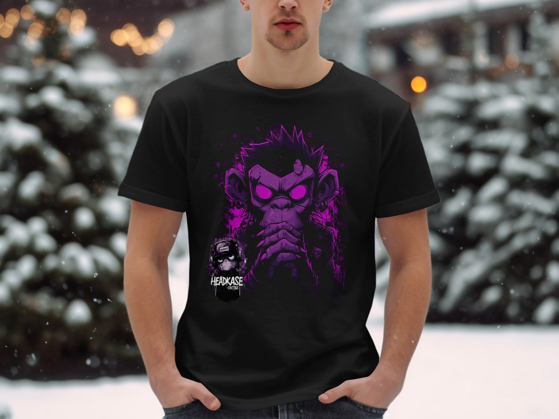 Street Art Monkey Graphic Unisex Mens T-Shirt Sizes S - 5XL - Headcase Crittrz Black T-Shirt - RMA APPAREL - Roclla Media Apparel Store