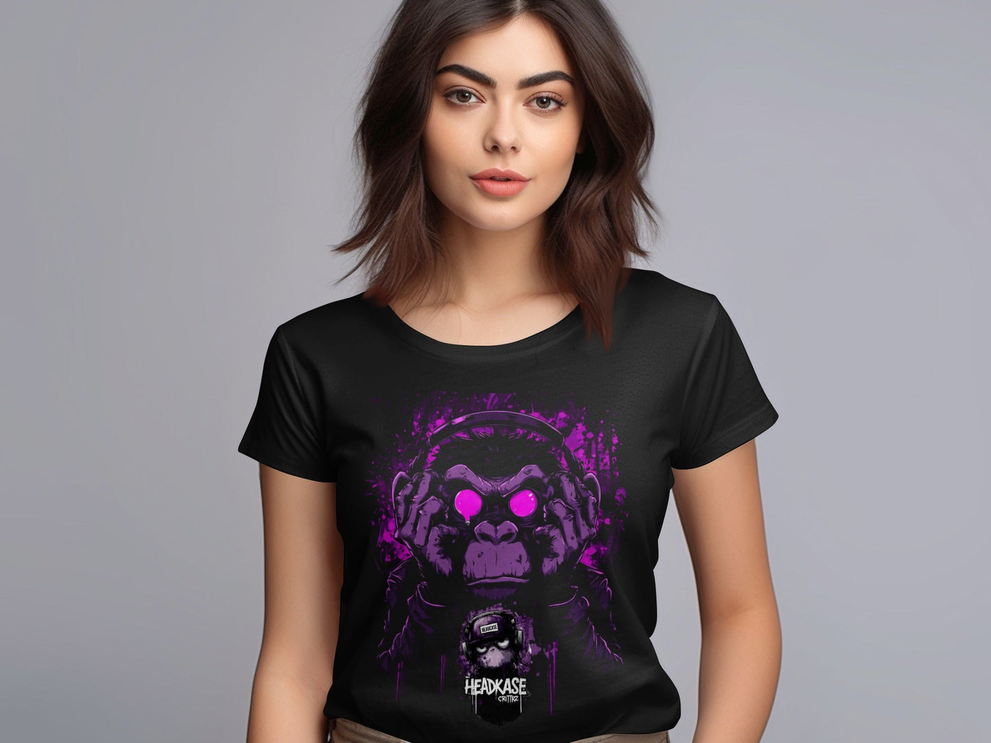 Street Art Monkey Listening Music Sizes S to 5XL T-Shirt - Headcase Crittrz Black T-Shirt - RMA APPAREL - Roclla Media Apparel Store