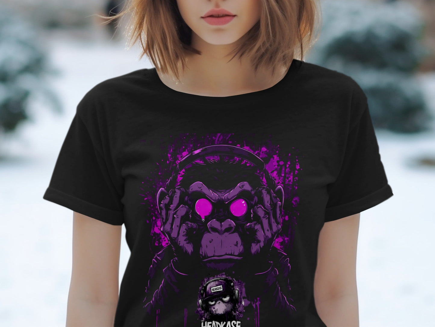 Street Art Monkey Listening Music Sizes S to 5XL T-Shirt - Headcase Crittrz Black T-Shirt - RMA APPAREL - Roclla Media Apparel Store