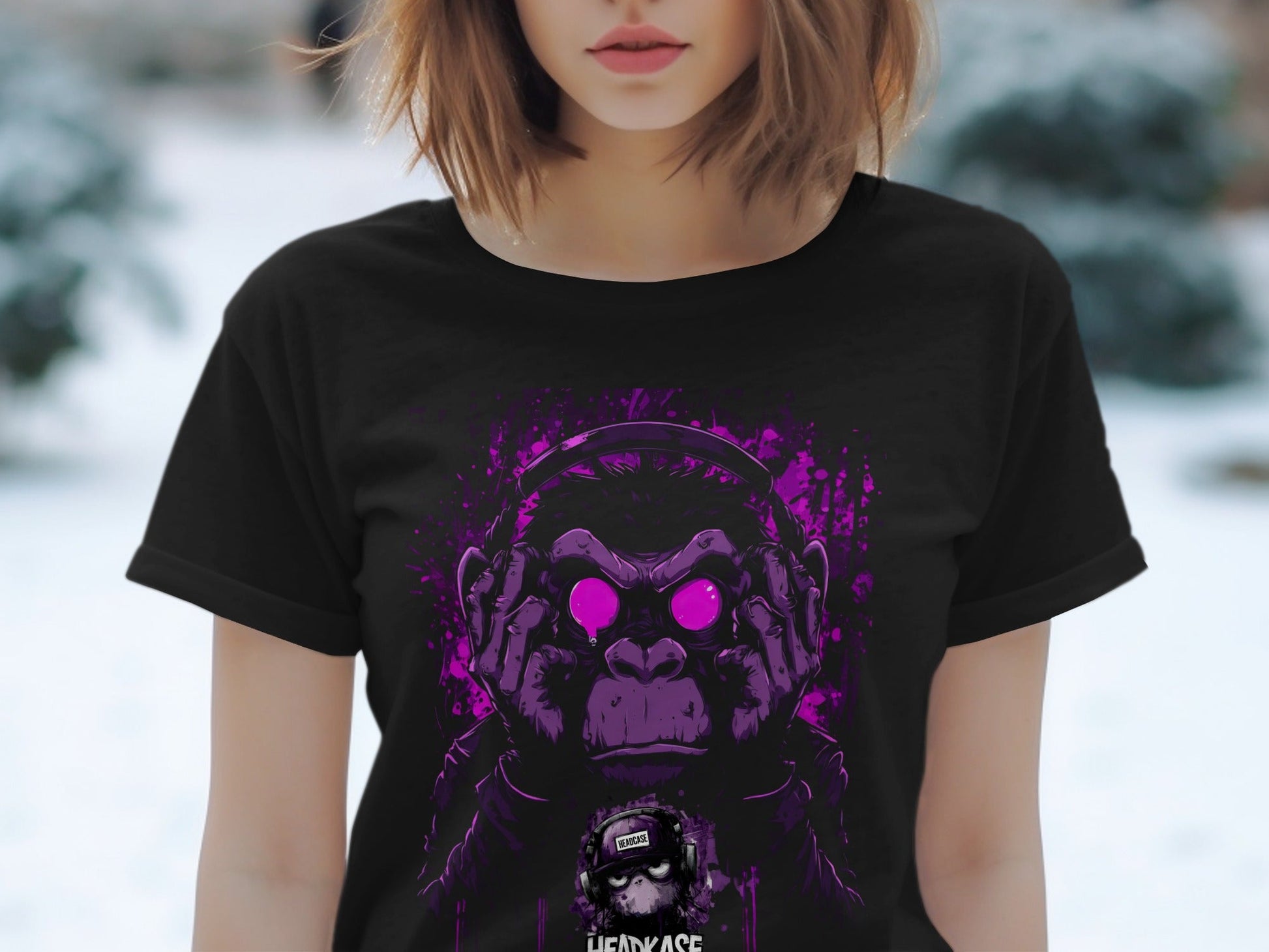 Street Art Monkey Listening Music Sizes S to 5XL T-Shirt - Headcase Crittrz Black T-Shirt - RMA APPAREL - Roclla Media Apparel Store