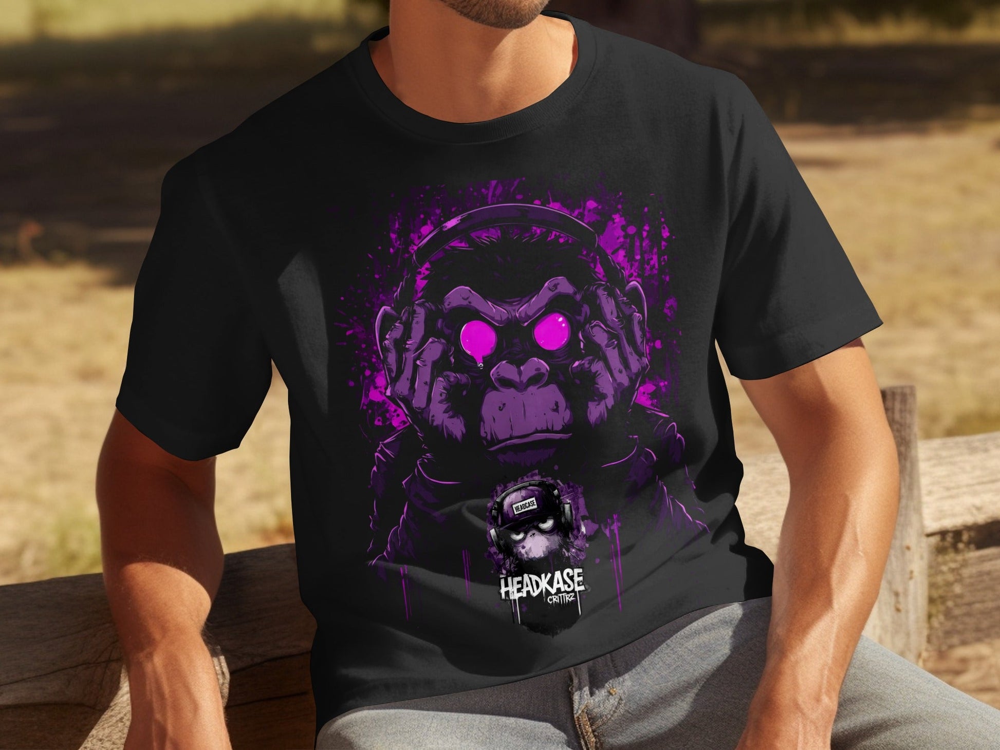Street Art Monkey Listening Music Sizes S to 5XL T-Shirt - Headcase Crittrz Black T-Shirt - RMA APPAREL - Roclla Media Apparel Store
