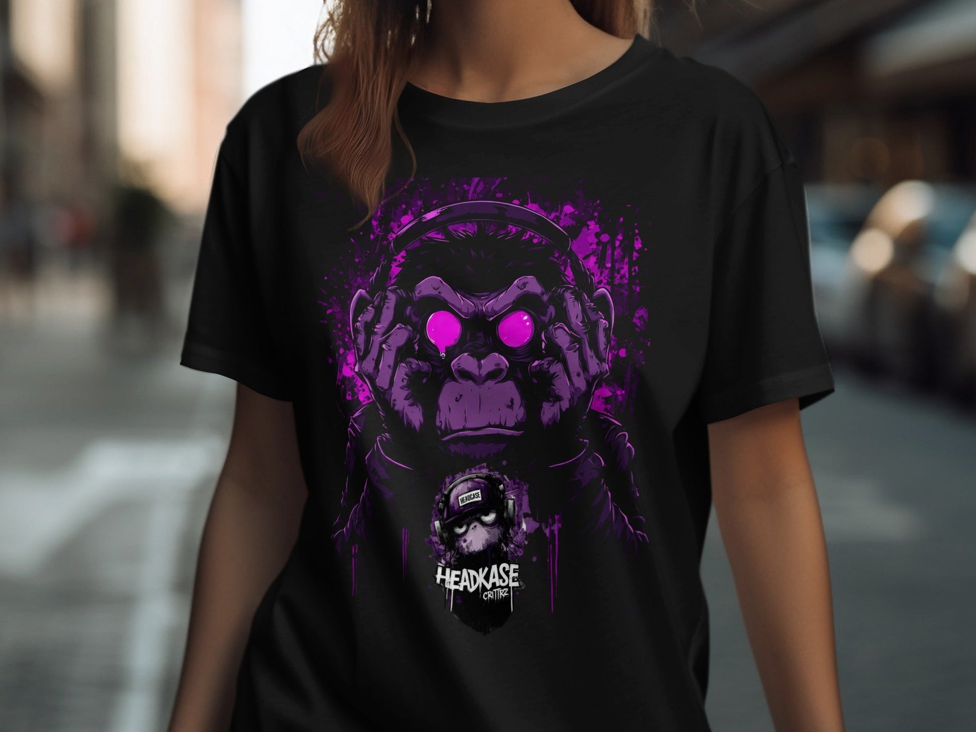 Street Art Monkey Listening Music Sizes S to 5XL T-Shirt - Headcase Crittrz Black T-Shirt - RMA APPAREL - Roclla Media Apparel Store