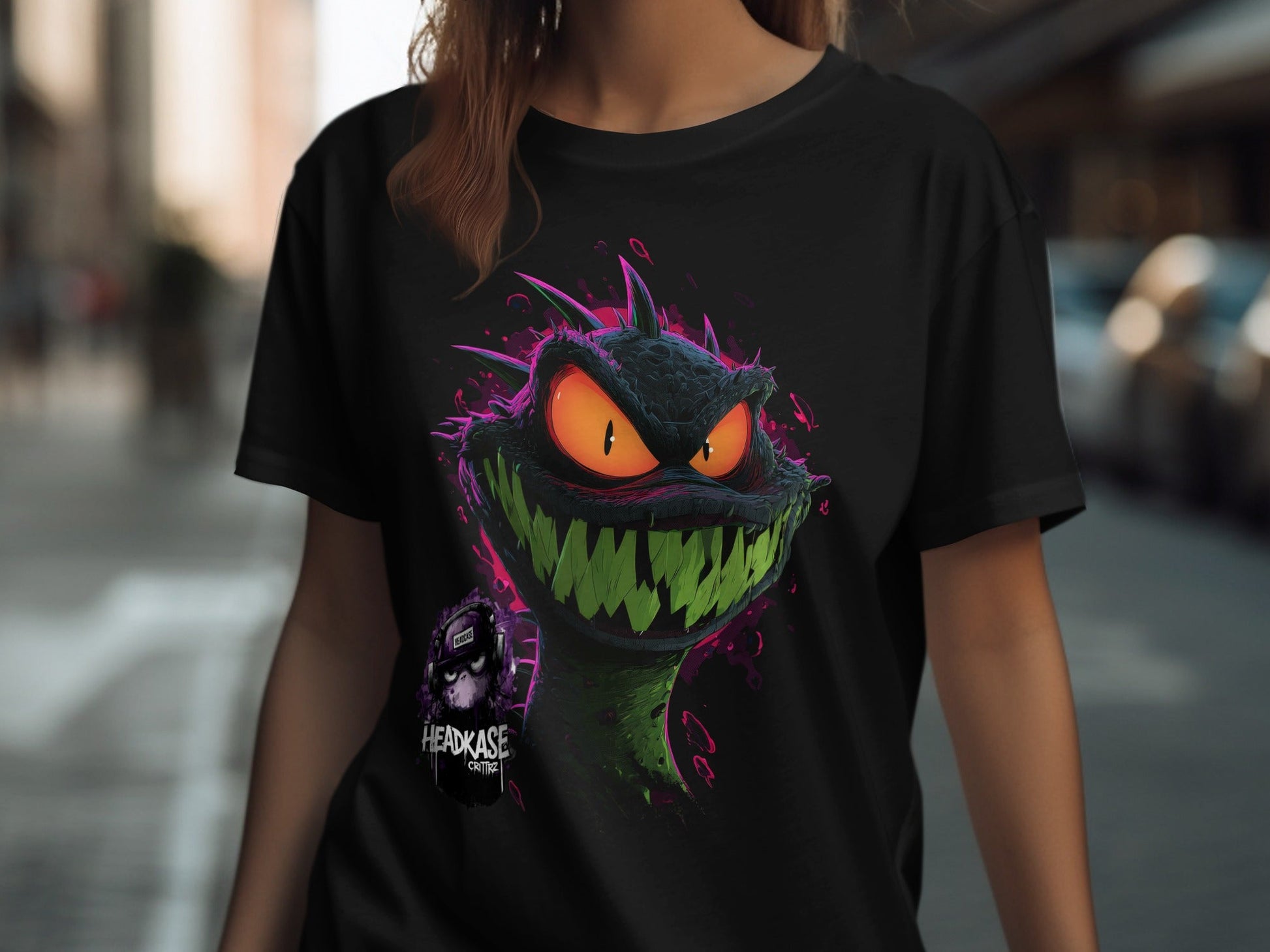 Street Art Reptile Urban Mens Womens Unisex T-Shirt Sizes - Headcase Crittrz Black T-Shirt - RMA APPAREL - Roclla Media Apparel Store