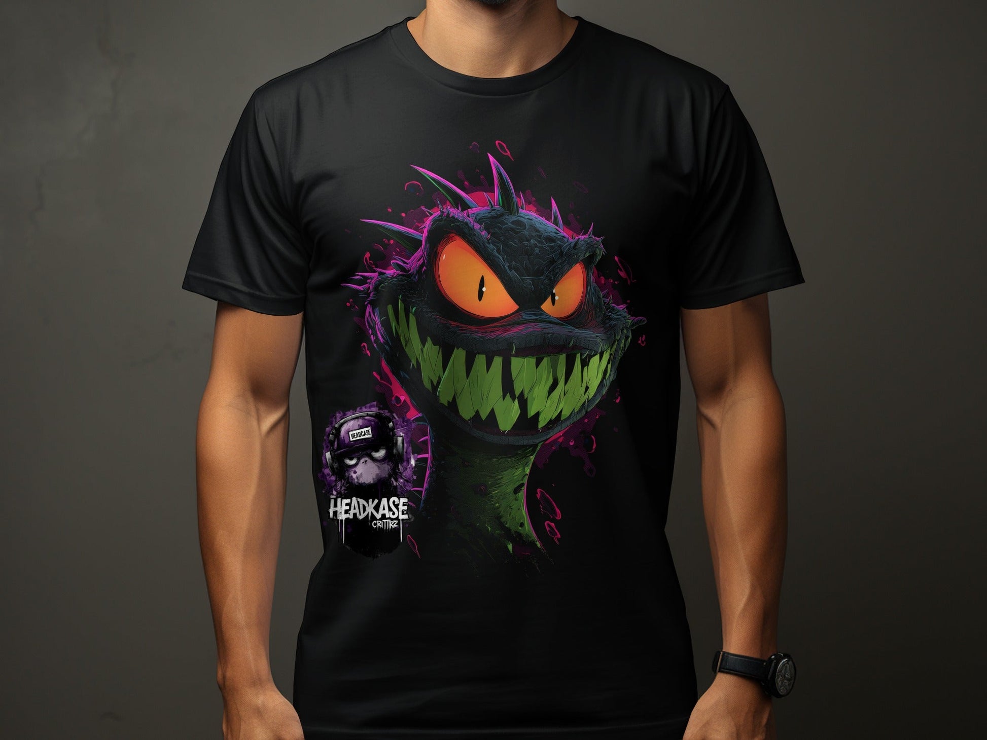 Street Art Reptile Urban Mens Womens Unisex T-Shirt Sizes - Headcase Crittrz Black T-Shirt - RMA APPAREL - Roclla Media Apparel Store