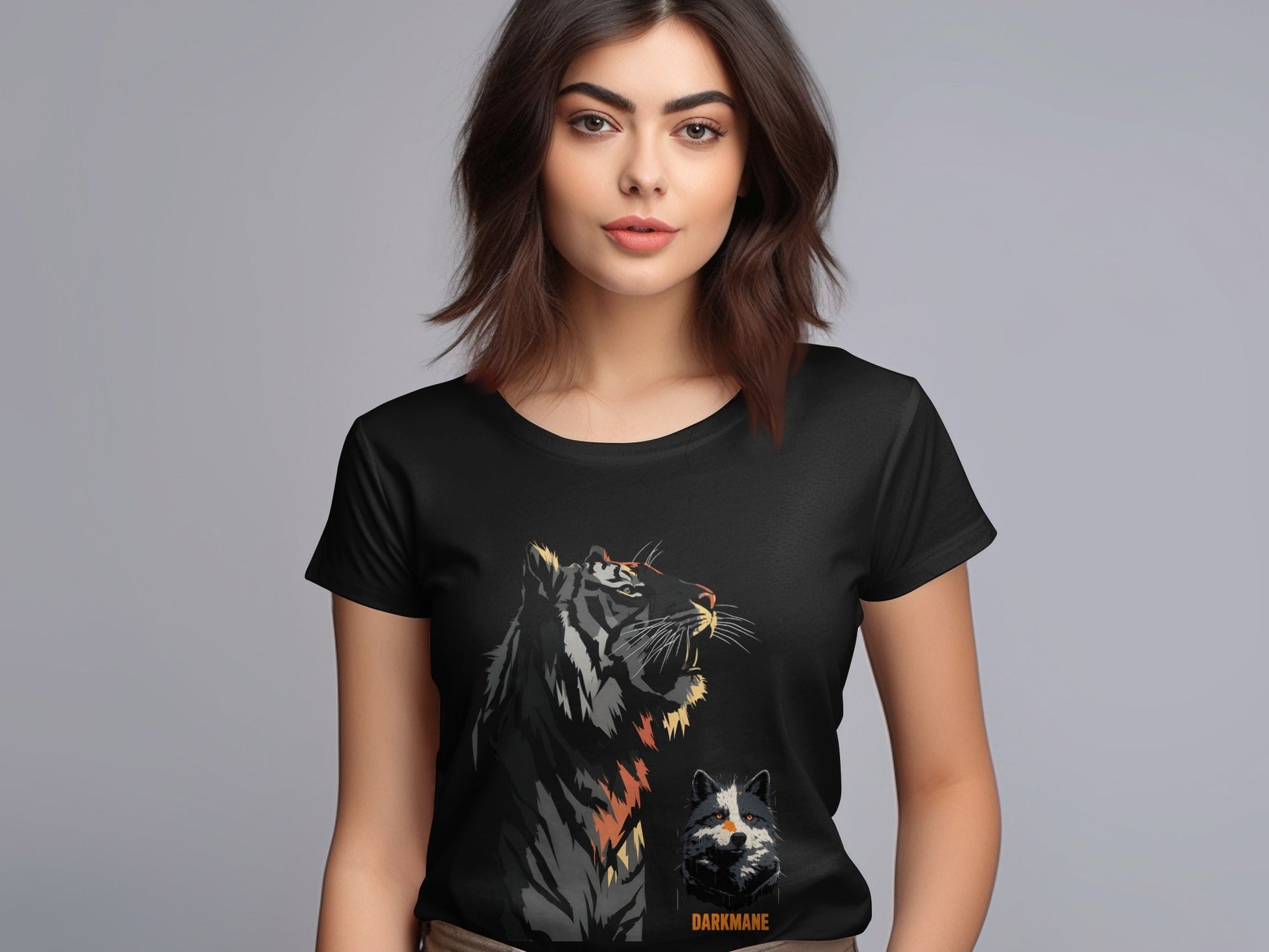 Street Art Roaring Tiger And Dog Sizes S to 5XL T-Shirt - Darkmane Black T-Shirt - RMA APPAREL - Roclla Media Apparel Store
