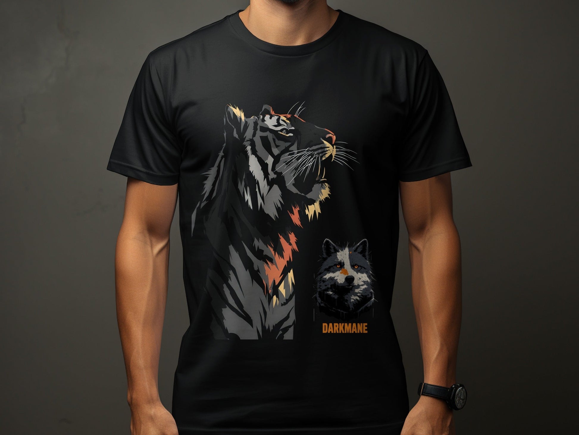Street Art Roaring Tiger And Dog Sizes S to 5XL T-Shirt - Darkmane Black T-Shirt - RMA APPAREL - Roclla Media Apparel Store