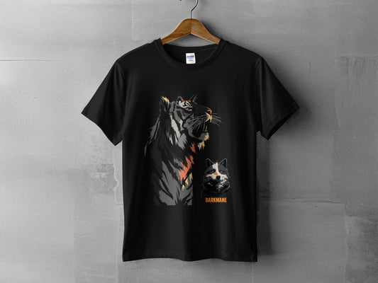 Street Art Roaring Tiger And Dog Sizes S to 5XL T-Shirt - Darkmane Black T-Shirt - RMA APPAREL - Roclla Media Apparel Store