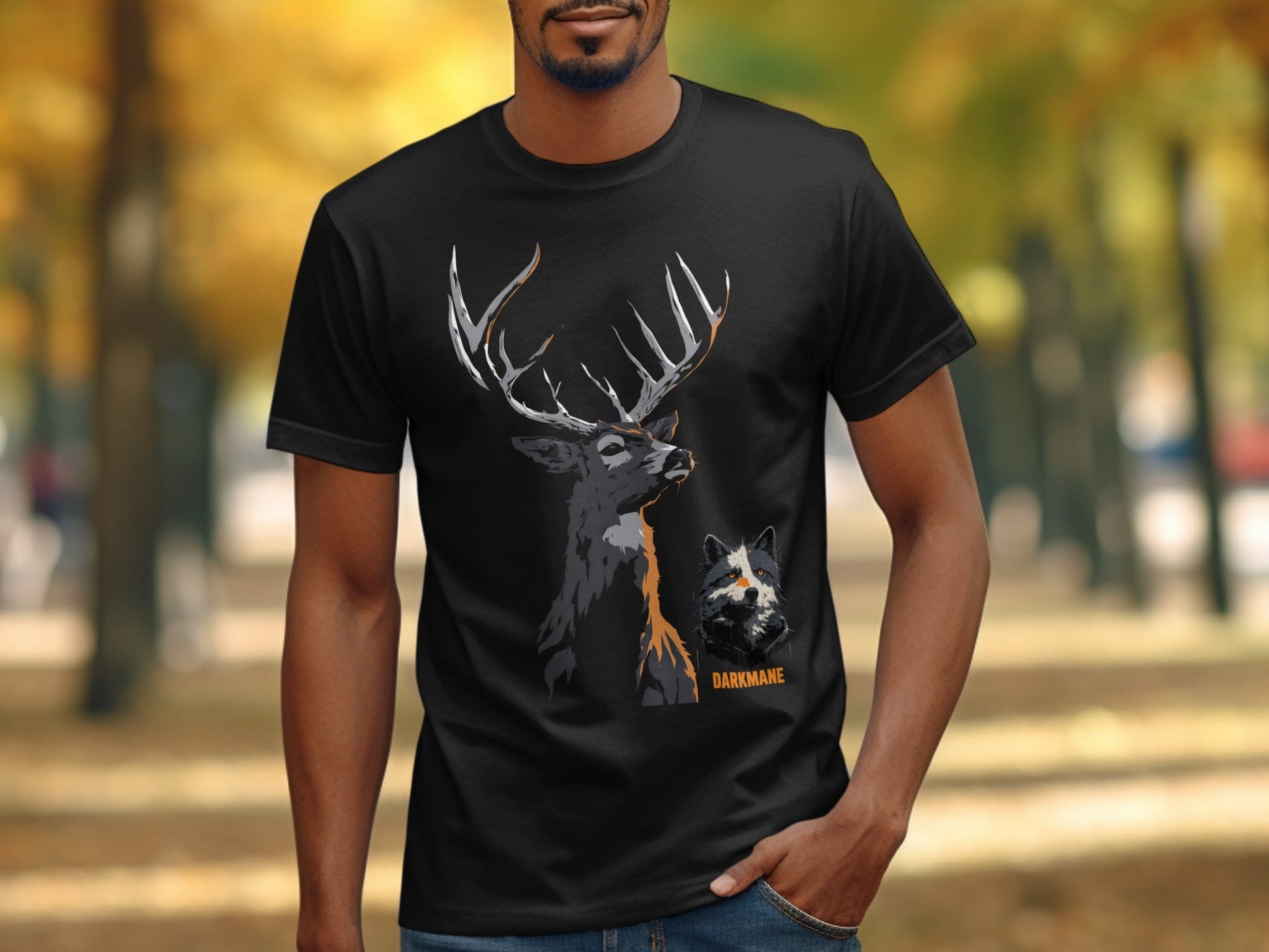 Street Art Stag and Wildlife Graphic Unisex T-Shirt Sizes S - 5XL - Darkmane Black T-Shirt - RMA APPAREL - Roclla Media Apparel Store