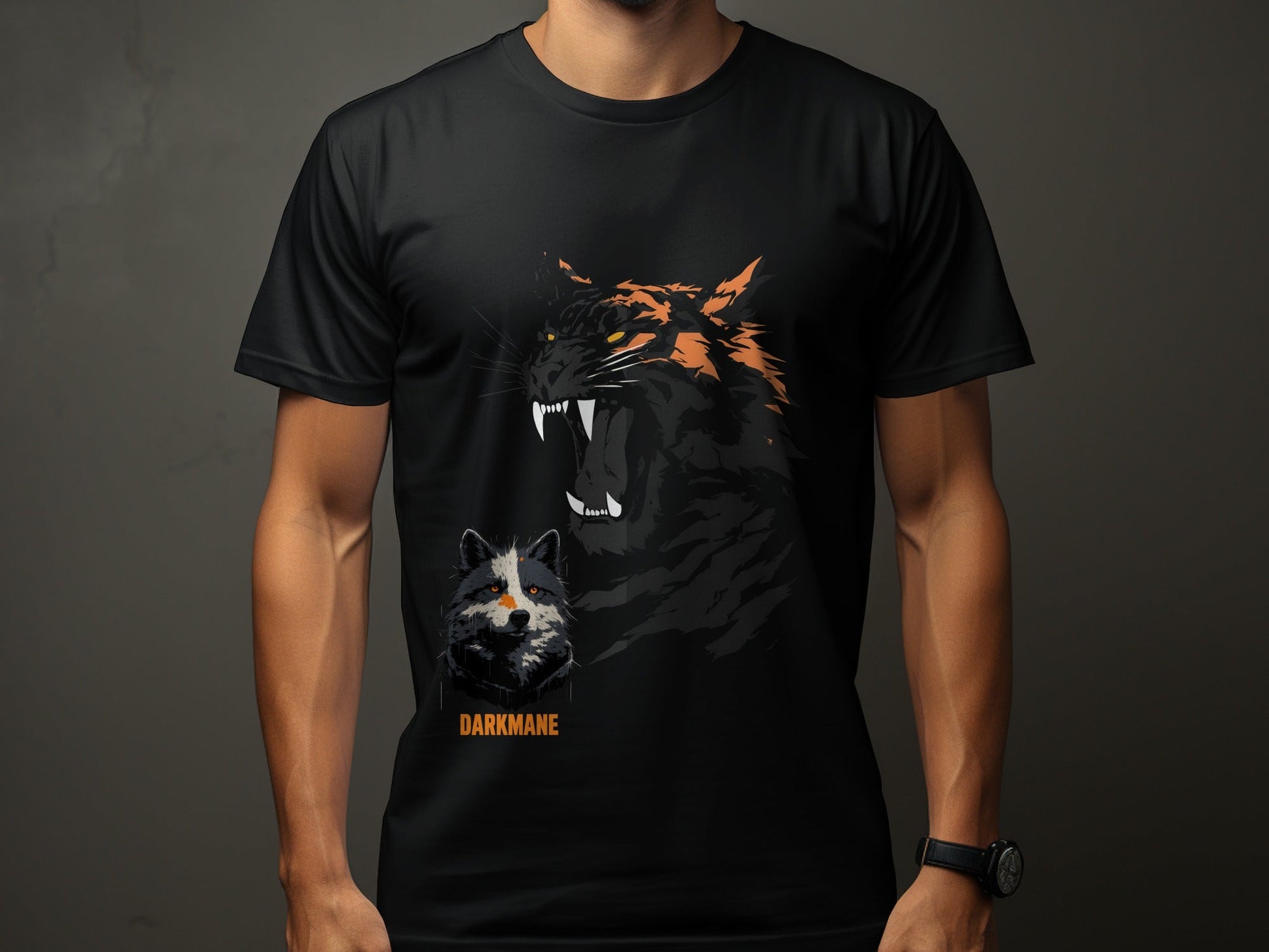 Street Art Tiger Wildlife Unisex T-Shirt Sizes S to 5XL - Darkmane Black T-Shirt - RMA APPAREL - Roclla Media Apparel Store